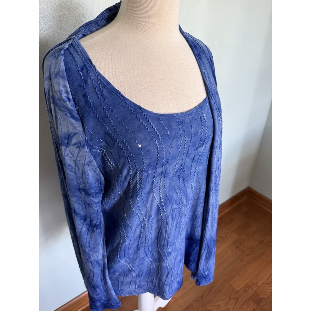 JM Collection Blue Tie-Dye Twin Set Open-Front Cardigan & Tank M WPL8046 - Picture 3 of 7